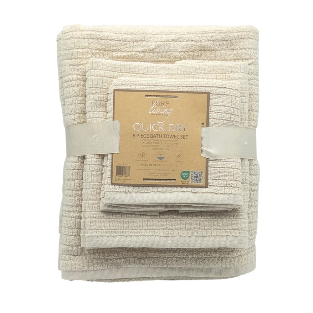 Pure Living 6pc Ecru Raised Cotton Bath Towel Set 2 Bath 2 Hand 2‎ Washcloths